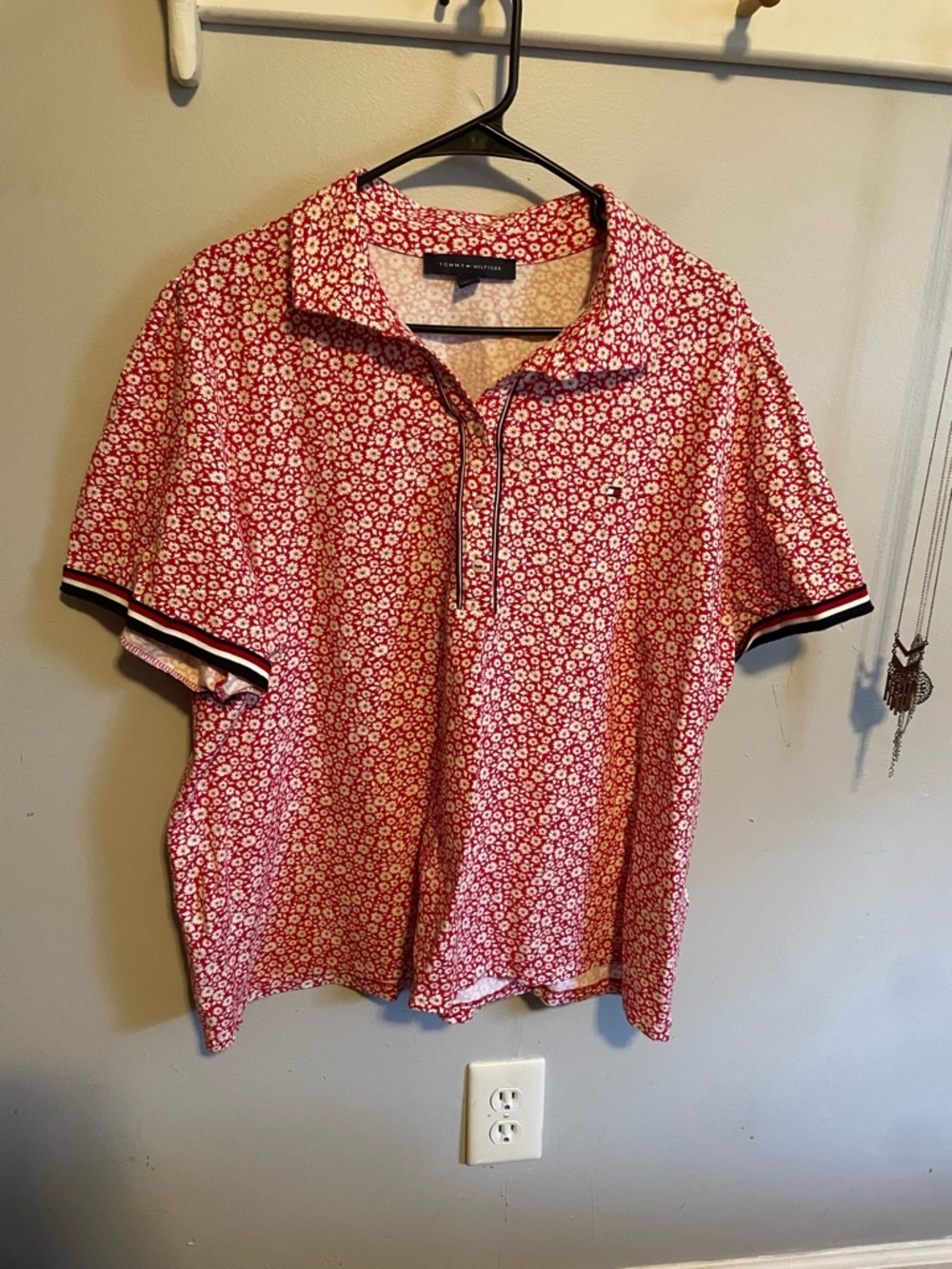 Tommy Hilfiger Pink-Red Floral Short Sleeve Polo with Striped Trim